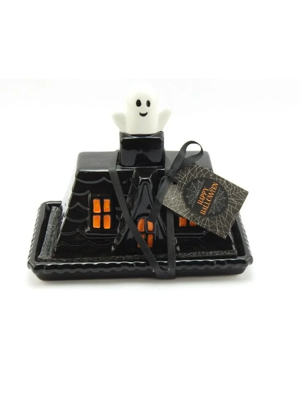 Halloween Haunted House Ghost Ceramic Butter Dish Black Orange Hand Painted NWT